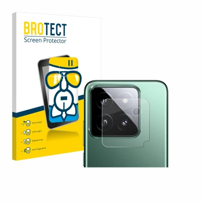 Vorderseite einer Produktverpackung mit dem Markenlogo BROTECT. Daneben ist das Gerät Xiaomi 14 (NUR Kameraschutz) mit dem zug