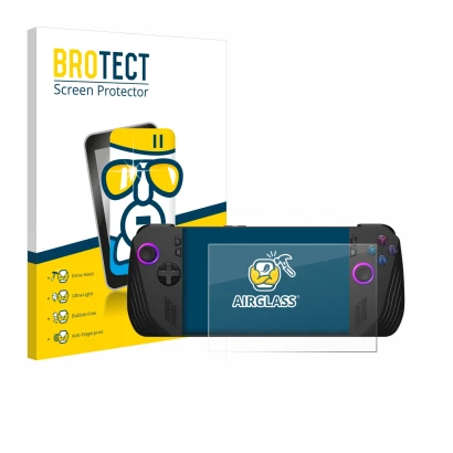 Vorderseite einer Produktverpackung mit dem Markenlogo BROTECT. Daneben ist das Gerät ASUS ROG Ally X (2024) mit dem zugehörig