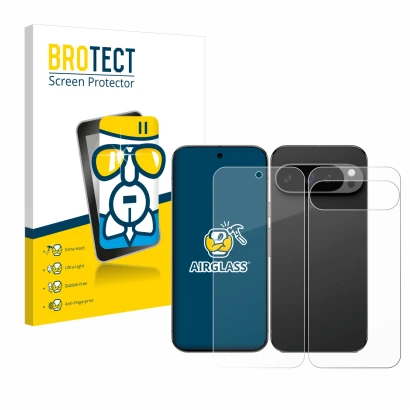 Vorderseite einer Produktverpackung mit dem Markenlogo BROTECT. Daneben ist das Gerät Google Pixel 9 Pro XL (Display+Rückseite