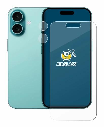 Abbildung des Geräts Apple iPhone 16 (Display+Kamera) mit einer Vielzahl des Displayschutzes.