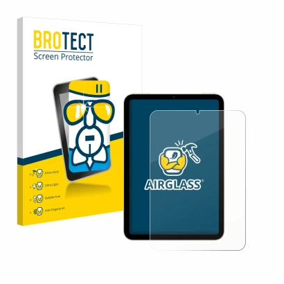 Vorderseite einer Produktverpackung mit dem Markenlogo BROTECT. Daneben ist das Gerät Apple iPad Mini 7 WiFi 2024 mit dem zuge