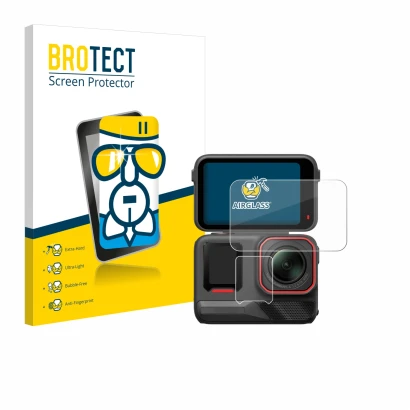 Vorderseite einer Produktverpackung mit dem Markenlogo BROTECT. Daneben ist das Gerät Insta360 Ace Pro 2 mit dem zugehörigen D