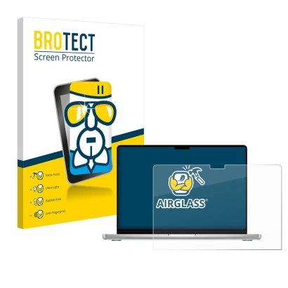 Vorderseite einer Produktverpackung mit dem Markenlogo BROTECT. Daneben ist das Gerät Apple MacBook Pro 14