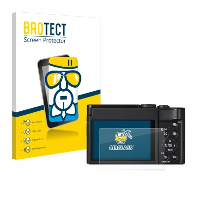 Vorderseite einer Produktverpackung mit dem Markenlogo BROTECT. Daneben ist das Gerät Panasonic Lumix DC-TZ99 mit dem zugehöri