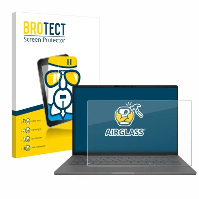 Vorderseite einer Produktverpackung mit dem Markenlogo BROTECT. Daneben ist das Gerät ASUS ZenBook A14 UX3407 mit dem zugehöri