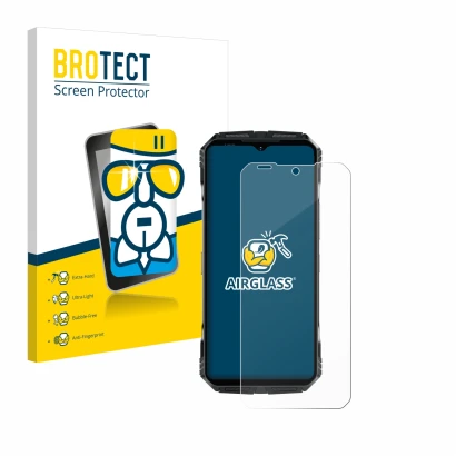 Vorderseite einer Produktverpackung mit dem Markenlogo BROTECT. Daneben ist das Gerät Doogee S118 Pro mit dem zugehörigen Disp