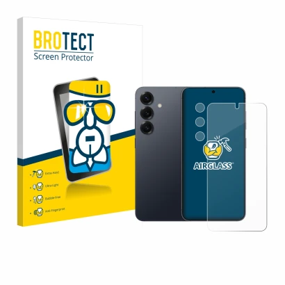 Vorderseite einer Produktverpackung mit dem Markenlogo BROTECT. Daneben ist das Gerät Samsung Galaxy S25 (Display+Kamera) mit 