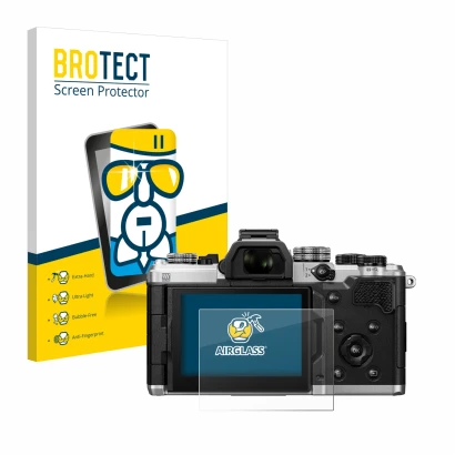 Vorderseite einer Produktverpackung mit dem Markenlogo BROTECT. Daneben ist das Gerät OM System OM-3 mit dem zugehörigen Displ