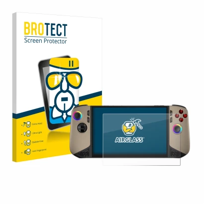 Vorderseite einer Produktverpackung mit dem Markenlogo BROTECT. Daneben ist das Gerät MSI Claw 8 AI+ mit dem zugehörigen Displ