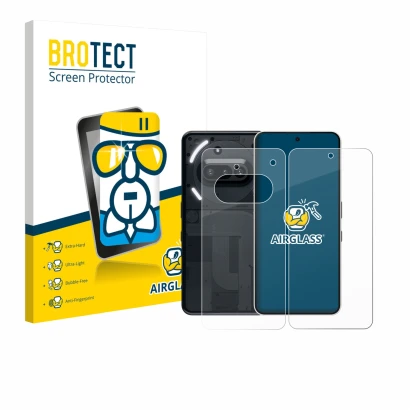 Vorderseite einer Produktverpackung mit dem Markenlogo BROTECT. Daneben ist das Gerät Nothing Phone (3a) (Display+Rückseite) m