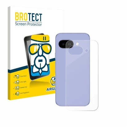 Vorderseite einer Produktverpackung mit dem Markenlogo BROTECT. Daneben ist das Gerät Google Pixel 9a (Rückseite) mit dem zuge