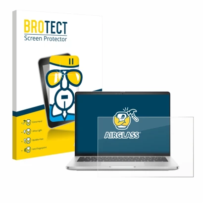 Vorderseite einer Produktverpackung mit dem Markenlogo BROTECT. Daneben ist das Gerät Dell Pro 14 Plus PB14250 mit dem zugehör