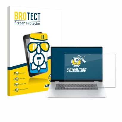 Vorderseite einer Produktverpackung mit dem Markenlogo BROTECT. Daneben ist das Gerät HP OmniBook X Flip 16-aX mit dem zugehör