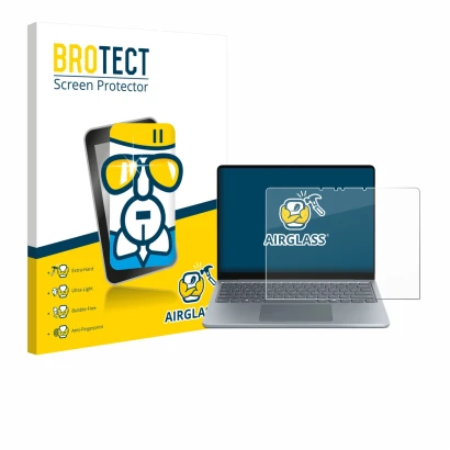 Vorderseite einer Produktverpackung mit dem Markenlogo BROTECT. Daneben ist das Gerät Microsoft Surface Laptop 13" mit dem zug