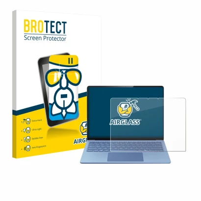 Vorderseite einer Produktverpackung mit dem Markenlogo BROTECT. Daneben ist das Gerät Microsoft Surface Laptop 13.8