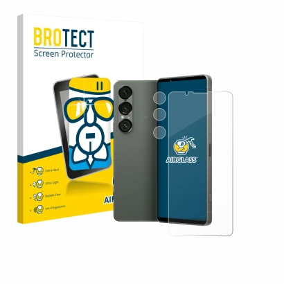 Vorderseite einer Produktverpackung mit dem Markenlogo BROTECT. Daneben ist das Gerät Sony Xperia 1 VII (Display+Kamera) mit d