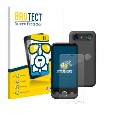 Vorderseite einer Produktverpackung mit dem Markenlogo BROTECT. Daneben ist das Gerät Doro Aurora A10 (Display+Kamera) mit dem