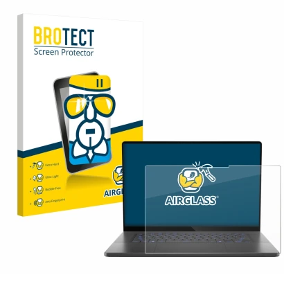 Vorderseite einer Produktverpackung mit dem Markenlogo BROTECT. Daneben ist das Gerät ASUS ROG Zephyrus G16 2025 mit dem zugeh