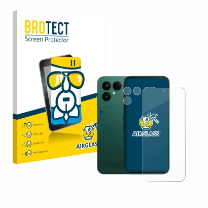 Vorderseite einer Produktverpackung mit dem Markenlogo BROTECT. Daneben ist das Gerät Fairphone 6 (Display+Kamera) mit dem zug