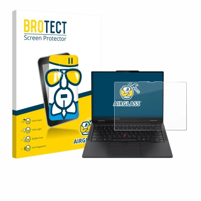 Vorderseite einer Produktverpackung mit dem Markenlogo BROTECT. Daneben ist das Gerät Lenovo ThinkPad T14s 2-in-1 mit dem zuge