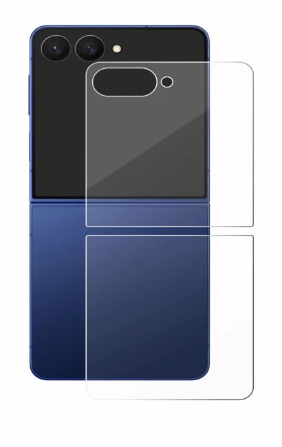 Abbildung des Geräts Samsung Galaxy Z Flip 7 (Rückseite) mit einer Vielzahl des Displayschutzes.