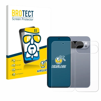 Vorderseite einer Produktverpackung mit dem Markenlogo BROTECT. Daneben ist das Gerät Google Pixel 10 Pro (Display+Rückseite) 