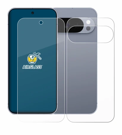 Abbildung des Geräts Google Pixel 10 Pro (Display+Rückseite) mit einer Vielzahl des Displayschutzes.