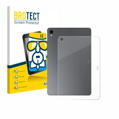 Vorderseite einer Produktverpackung mit dem Markenlogo BROTECT. Daneben ist das Gerät Samsung Galaxy Tab S11 (Rückseite) mit d