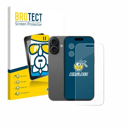 Vorderseite einer Produktverpackung mit dem Markenlogo BROTECT. Daneben ist das Gerät Apple iPhone 17 (Display+Kamera) mit dem