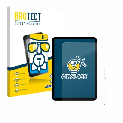 Vorderseite einer Produktverpackung mit dem Markenlogo BROTECT. Daneben ist das Gerät Apple iPad Pro 11" 2025 mit dem zugehöri