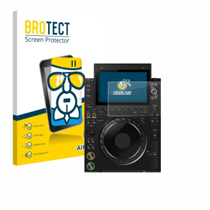 Vorderseite einer Produktverpackung mit dem Markenlogo BROTECT. Daneben ist das Gerät Pioneer CDJ 3000X mit dem zugehörigen Di