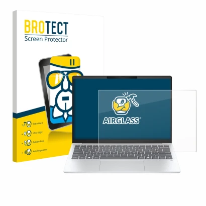 Vorderseite einer Produktverpackung mit dem Markenlogo BROTECT. Daneben ist das Gerät HP OmniBook 7 Aero 13 mit dem zugehörige