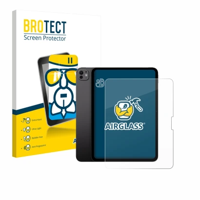 Vorderseite einer Produktverpackung mit dem Markenlogo BROTECT. Daneben ist das Gerät Apple iPad Pro 13" 2024 (Display+Kamera)