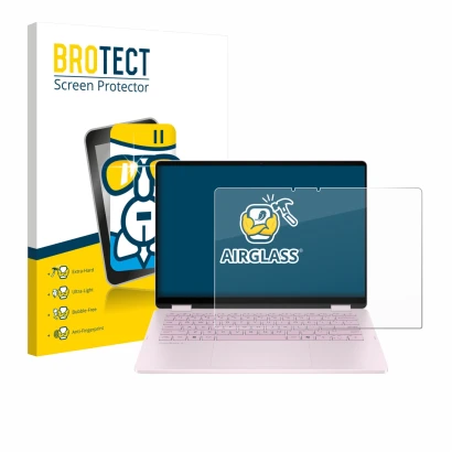 Vorderseite einer Produktverpackung mit dem Markenlogo BROTECT. Daneben ist das Gerät HP OmniBook 5 Flip 14 14-fp0153ng mit de