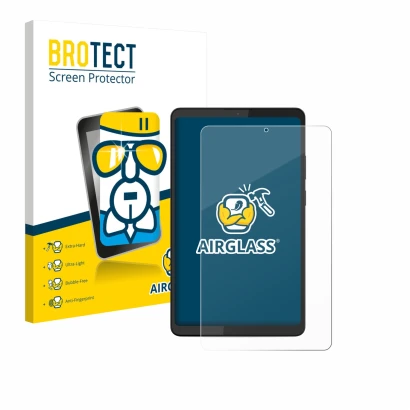 Vorderseite einer Produktverpackung mit dem Markenlogo BROTECT. Daneben ist das Gerät Lenovo Tab K9 mit dem zugehörigen Displa