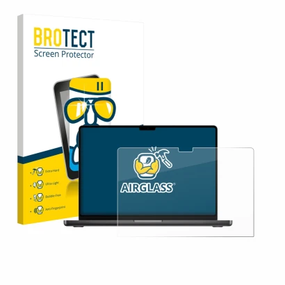 Vorderseite einer Produktverpackung mit dem Markenlogo BROTECT. Daneben ist das Gerät Apple MacBook Pro 16" M5 2026 mit dem zu