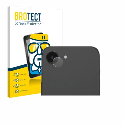 Vorderseite einer Produktverpackung mit dem Markenlogo BROTECT. Daneben ist das Gerät Apple iPhone 17e (NUR Kameraschutz) mit 