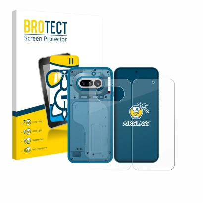 Vorderseite einer Produktverpackung mit dem Markenlogo BROTECT. Daneben ist das Gerät Nothing Phone (4a) (Display+Rückseite) m