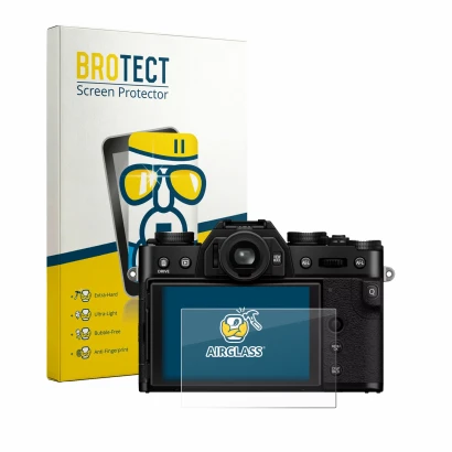 Vorderseite einer Produktverpackung mit dem Markenlogo BROTECT. Daneben ist das Gerät Fujifilm X-T30 III mit dem zugehörigen D