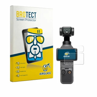 Vorderseite einer Produktverpackung mit dem Markenlogo BROTECT. Daneben ist das Gerät DJI Osmo Pocket 4 (Display + Linse) mit 