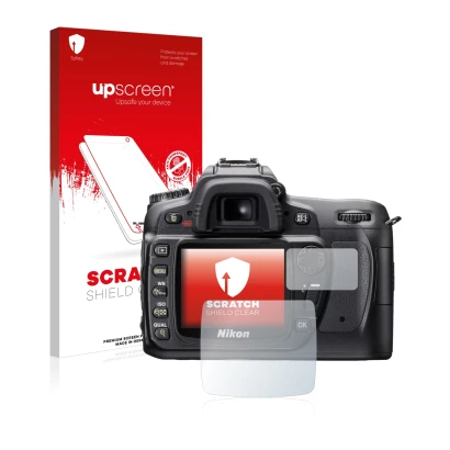 Vorderseite einer Produktverpackung mit dem Markenlogo upscreen. Daneben ist das Gerät Nikon D80 mit dem zugehörigen Displaysc