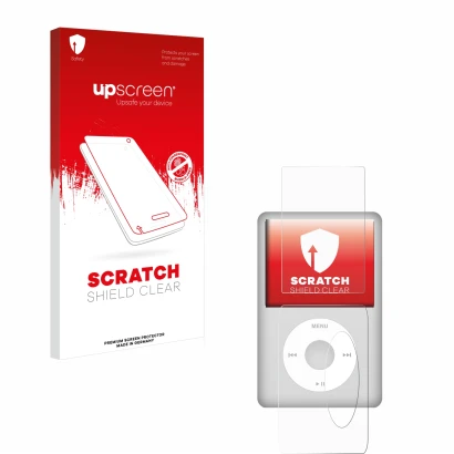Vorderseite einer Produktverpackung mit dem Markenlogo upscreen. Daneben ist das Gerät Apple iPod Classic (Display+Rückseite, 
