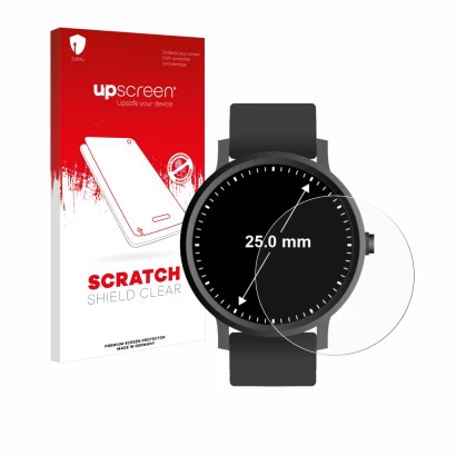Vorderseite einer Produktverpackung mit dem Markenlogo upscreen. Daneben ist das Gerät Armbanduhren (Kreisrund, ø: 25 mm) mit