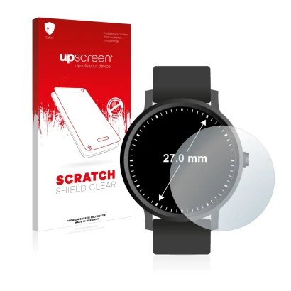 Vorderseite einer Produktverpackung mit dem Markenlogo upscreen. Daneben ist das Gerät Armbanduhren (Kreisrund, ø: 27 mm) mit 