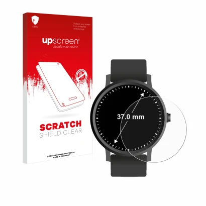 Vorderseite einer Produktverpackung mit dem Markenlogo upscreen. Daneben ist das Gerät Armbanduhren (Kreisrund, ø: 37 mm) mit