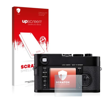 Vorderseite einer Produktverpackung mit dem Markenlogo upscreen. Daneben ist das Gerät Leica M8 mit dem zugehörigen Displaysch