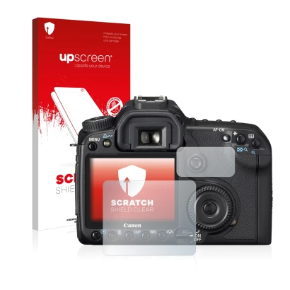 Vorderseite einer Produktverpackung mit dem Markenlogo upscreen. Daneben ist das Gerät Canon EOS 40D mit dem zugehörigen Displ