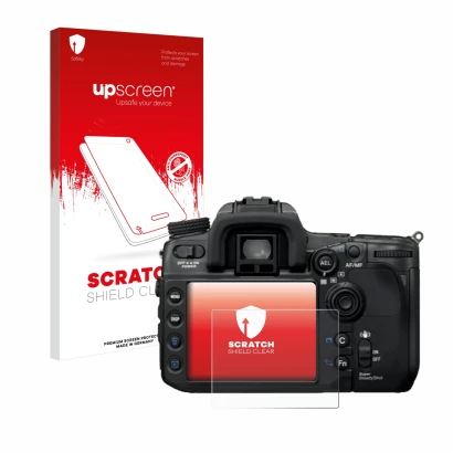 Vorderseite einer Produktverpackung mit dem Markenlogo upscreen. Daneben ist das Gerät Sony Alpha 700 (DSLR-A700) mit dem zuge
