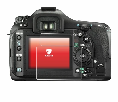 Abbildung des Geräts Pentax K20D mit einer Vielzahl des Displayschutzes.