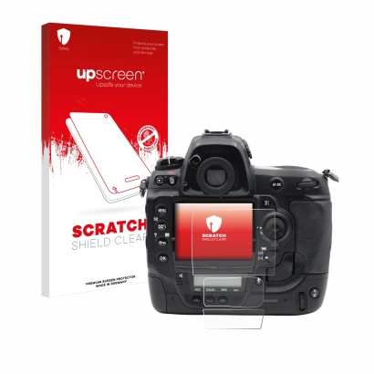 Vorderseite einer Produktverpackung mit dem Markenlogo upscreen. Daneben ist das Gerät Nikon D3x mit dem zugehörigen Displaysc